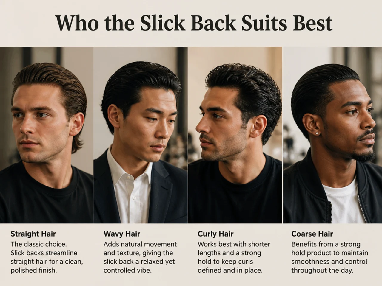 Three men with different face shapes wearing tailored slick back mens haircut variations