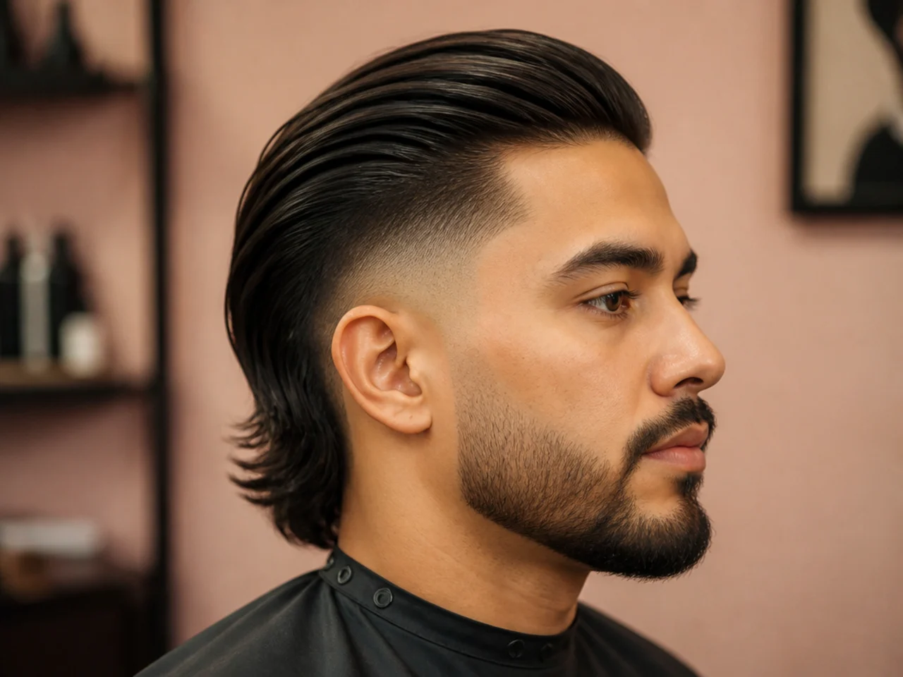 Long slick back undercut fade with six to eight inches of flow on top and a #2 undercut section