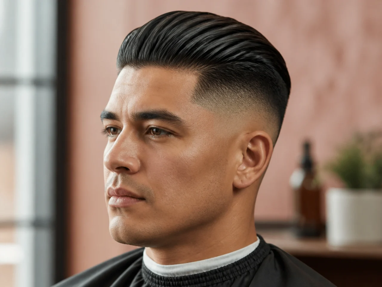 Short executive slick back undercut fade with four-inch top and low fade for a business-professional look
