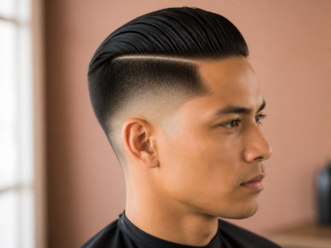 Slick back undercut fade with razor-drawn hard part running through the fade on the dominant side