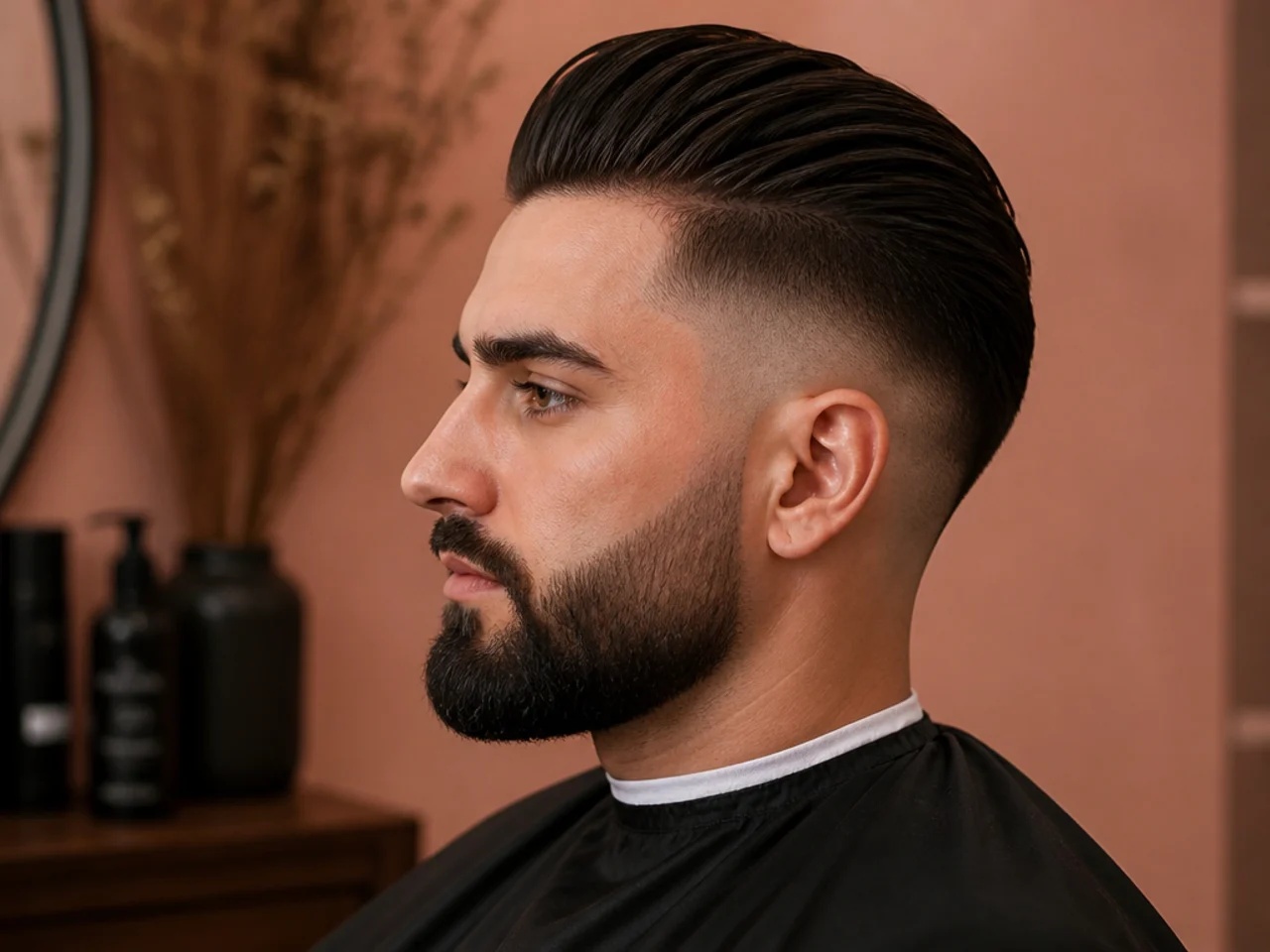 Slick back undercut fade with beard blended into the fade line at the sideburn