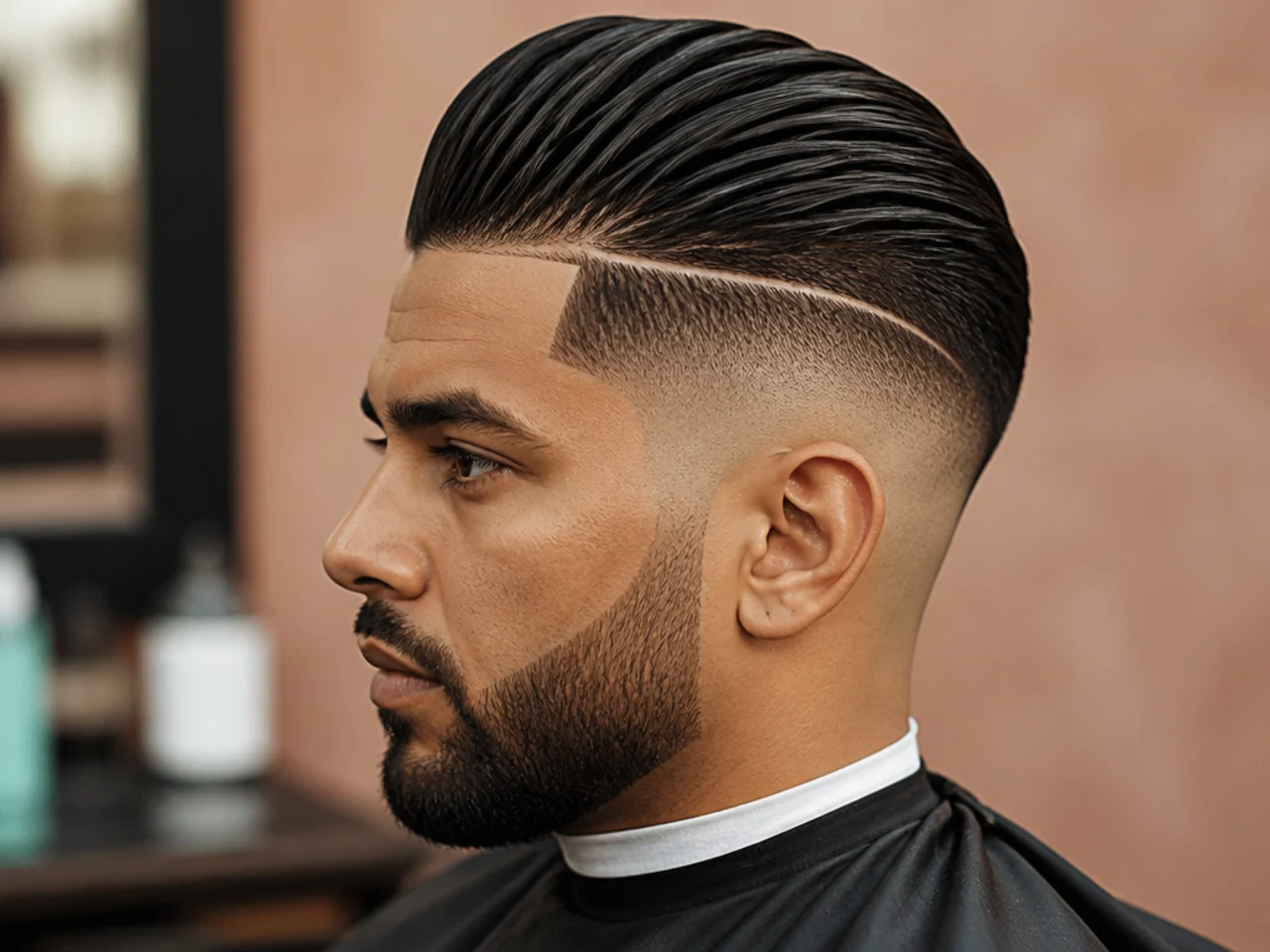 Slick back undercut fade with razor line-up shaping the forehead and temples