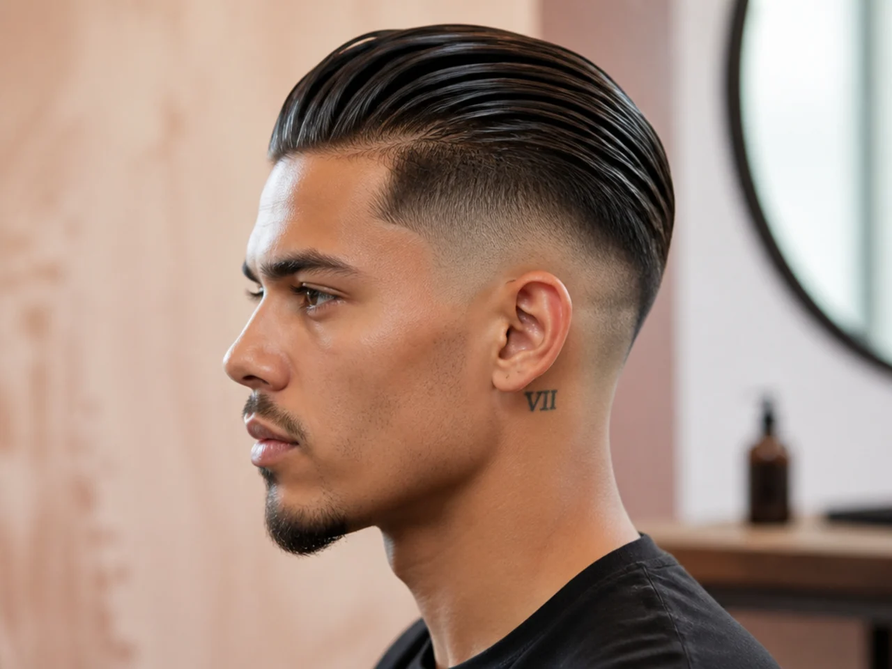 Wet-look slick back undercut fade with maximum shine finish on a formal black-tie subject