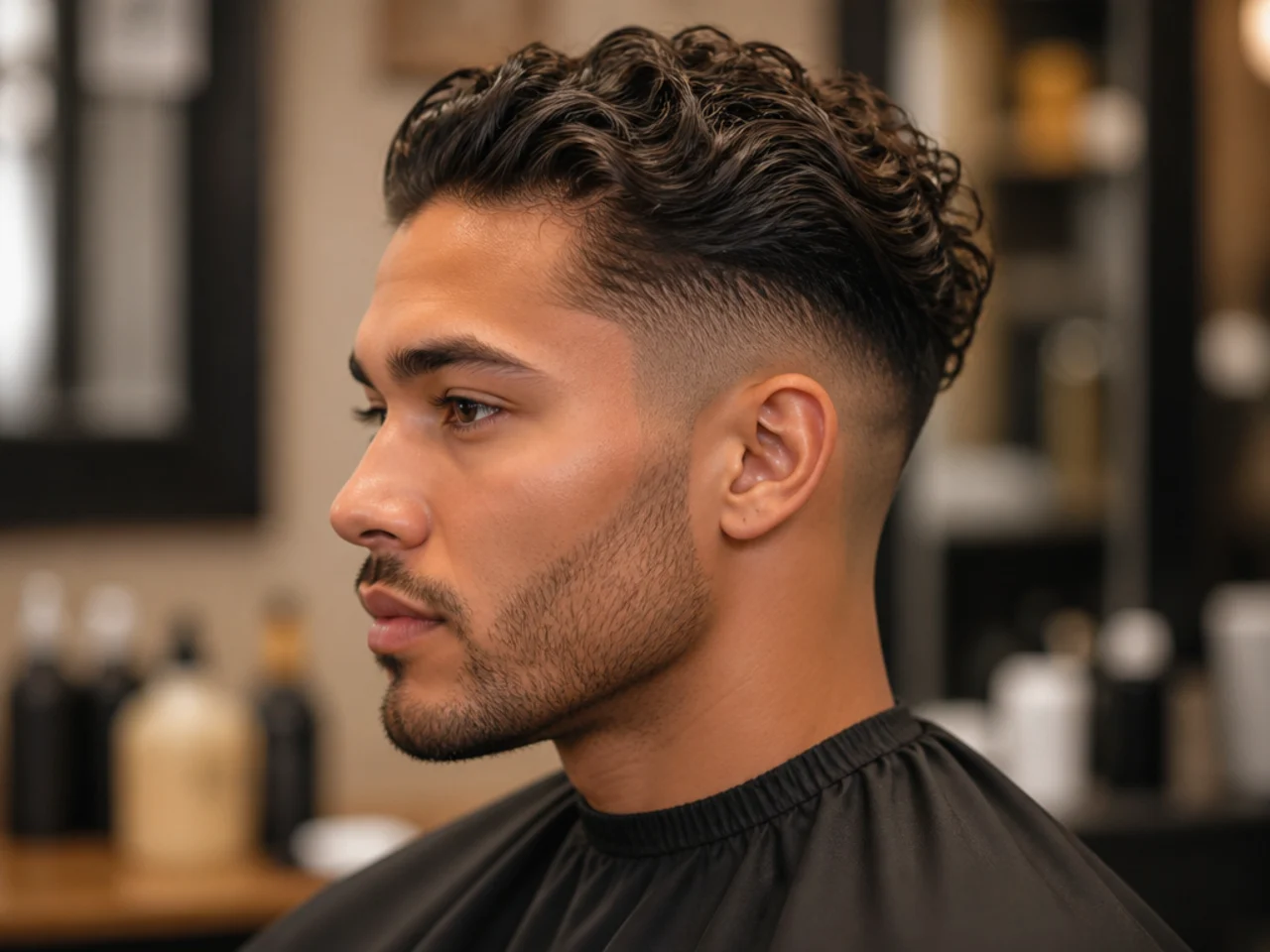 Curly slick back undercut fade with mid fade and defined 3B curl pattern brushed backward