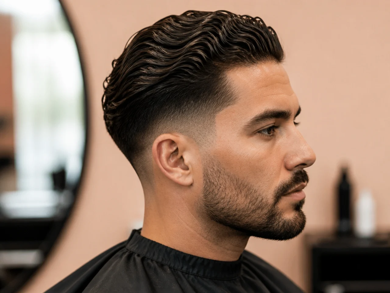 Wavy slick back undercut fade with the natural S-wave pattern preserved over a drop fade