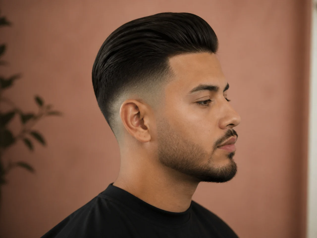 Low fade slick back undercut with subtle blend at the ears and disconnected top