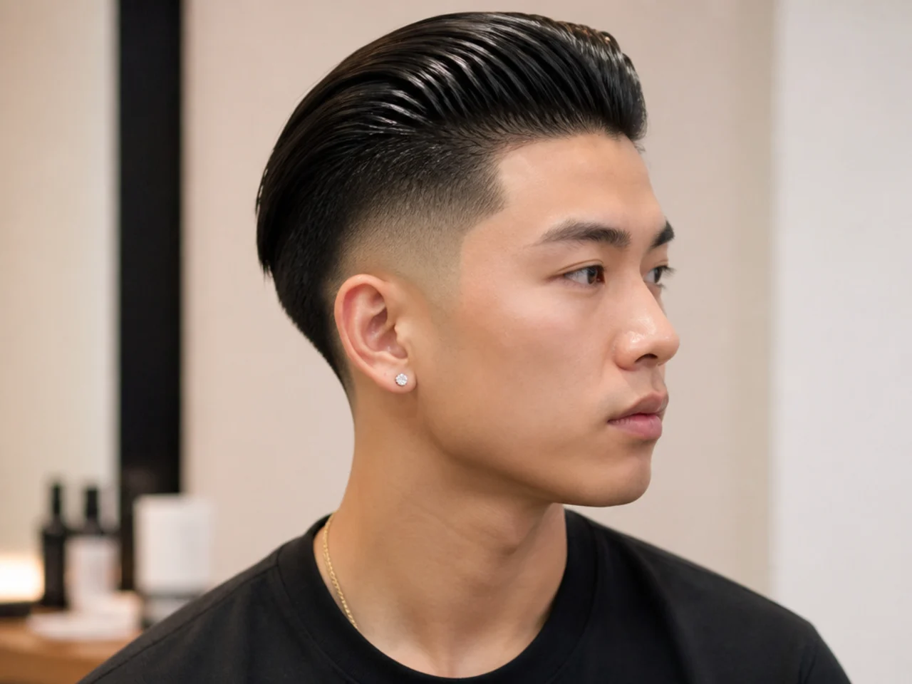 Straight Asian slick back undercut fade with dense poker-straight hair over a mid fade