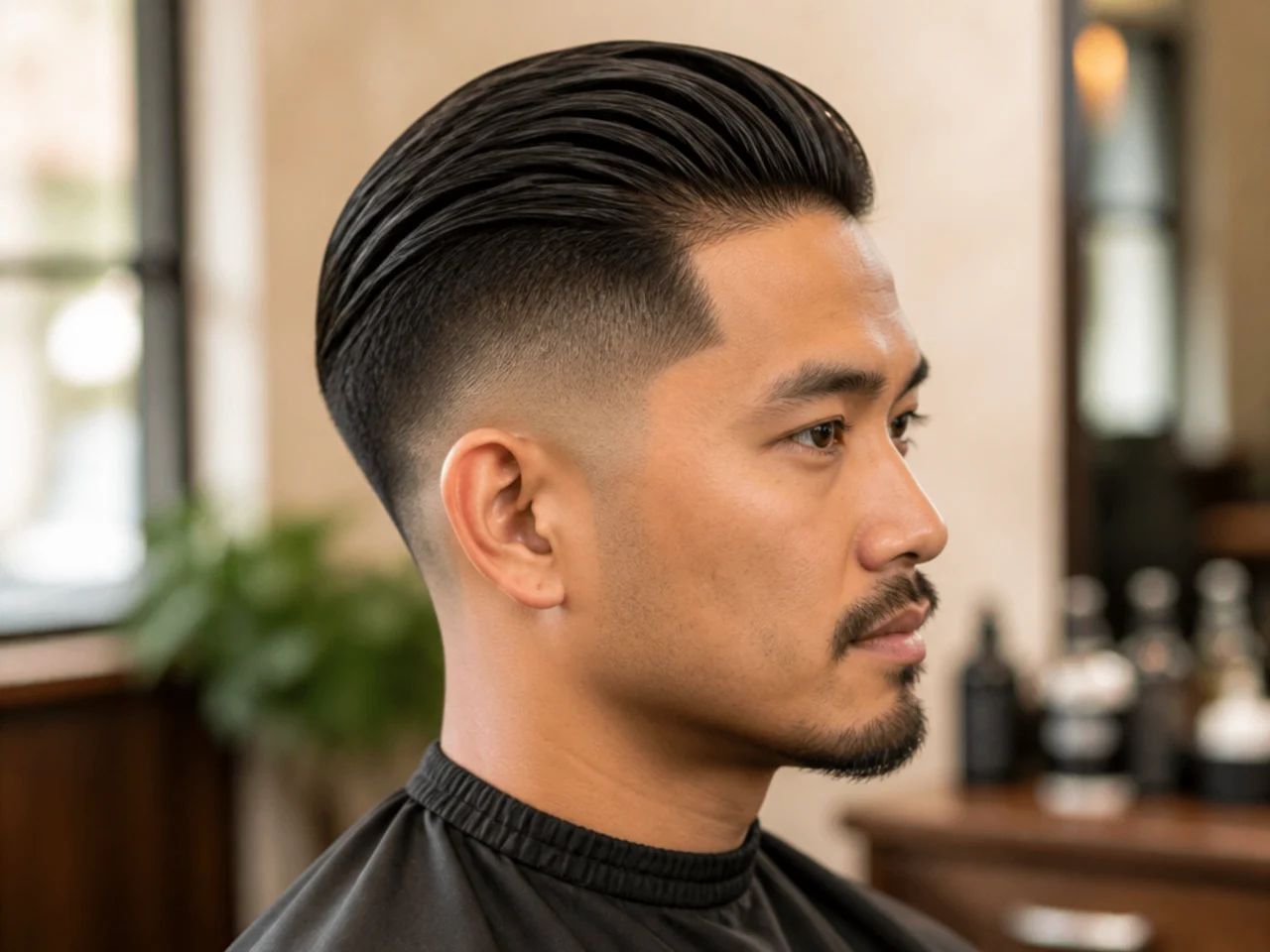 Mid fade slick back undercut with balanced contrast at the temple line