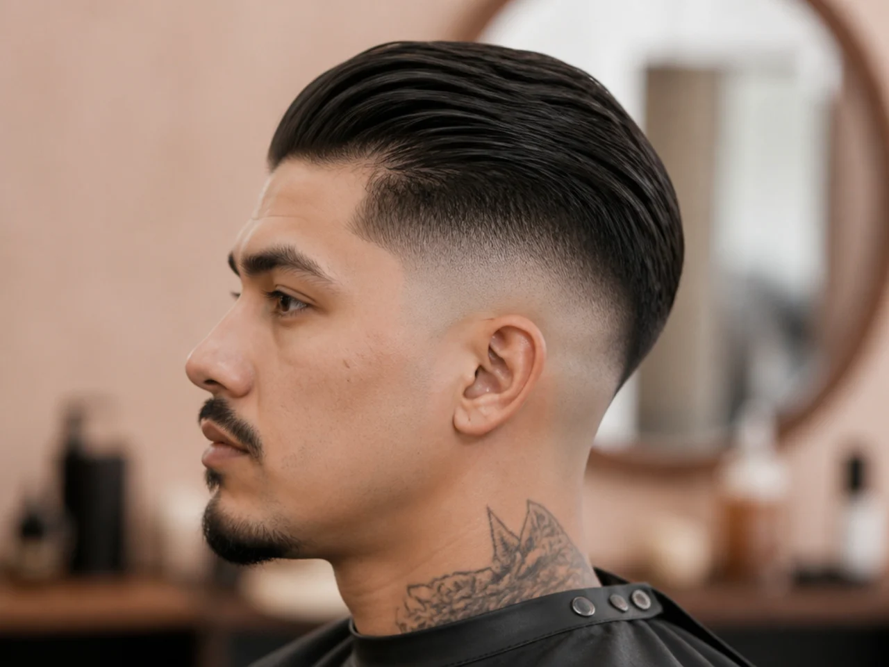 High fade slick back undercut with dramatic contrast near the parietal ridge on thick hair