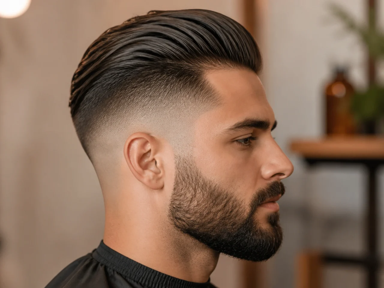 Skin fade slick back undercut with bare scalp at the low point and disconnected upper sides