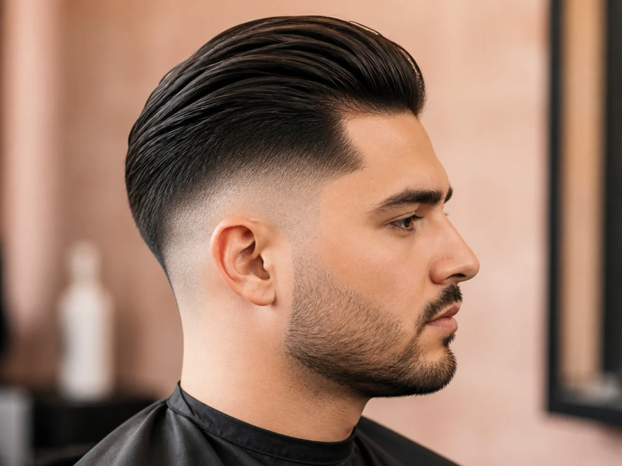 Drop fade slick back undercut with the fade line curving down behind the ear