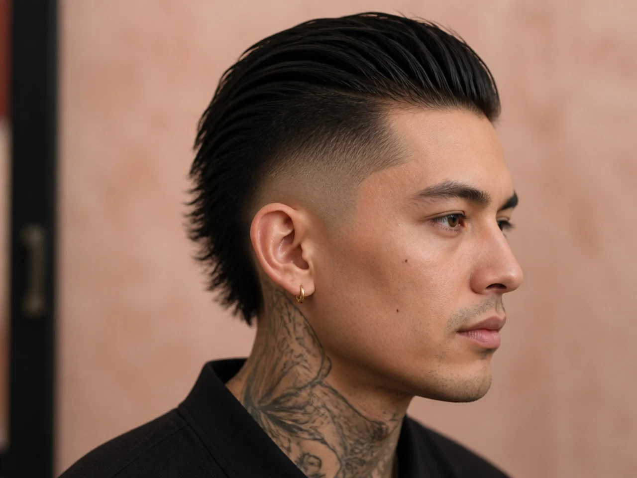 Burst fade slick back undercut with the fade arcing in a semicircle around the ear