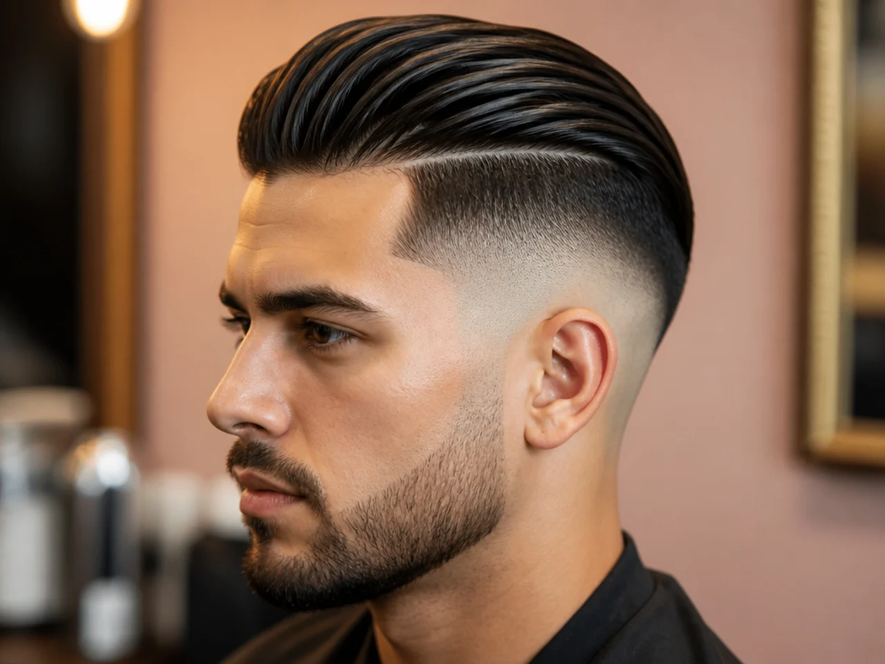 Hard-disconnect skin fade slick back undercut with razor-defined line between the top and the buzzed section