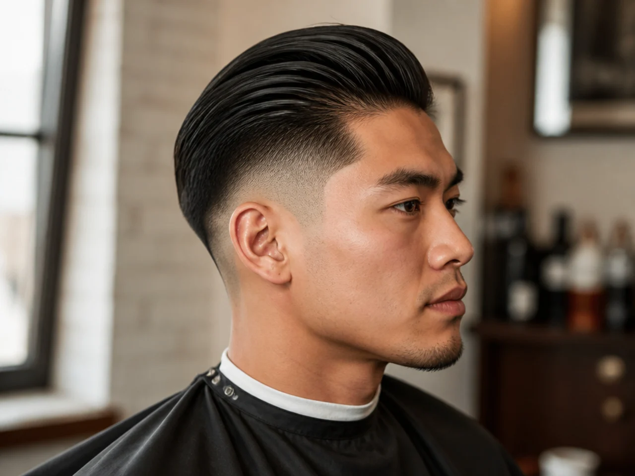 Barber consultation for a slick back undercut fade with reference photos on a phone