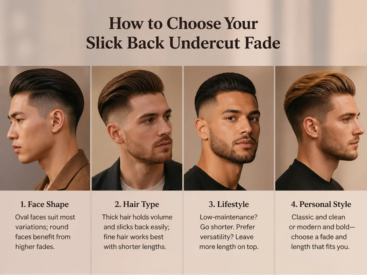 Three men wearing different slick back undercut fade combinations for round, square, and oval face shapes