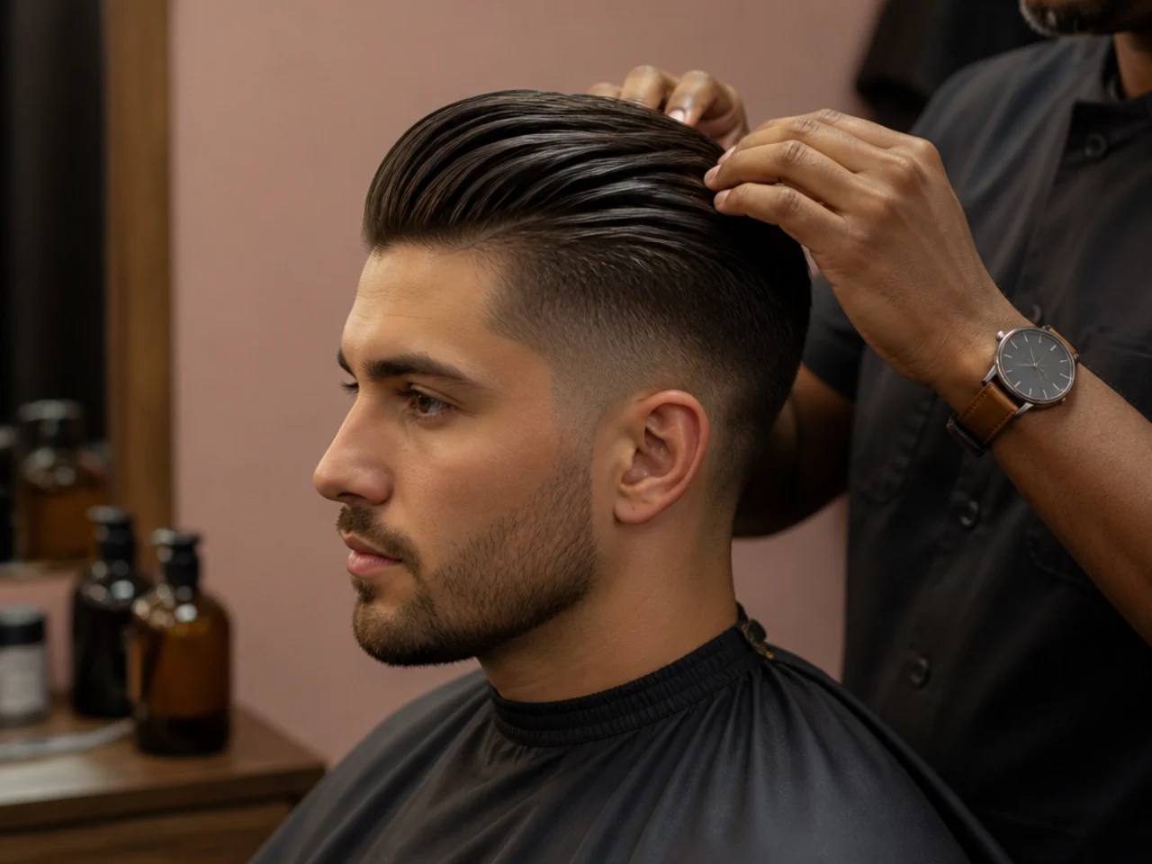 Product lineup for styling a slick back undercut fade including pomade, matte clay, and a fine-tooth comb