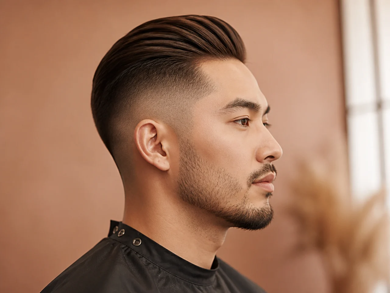 Close-up of a modern slick back undercut fade with disconnected sides and combed-back top on straight hair