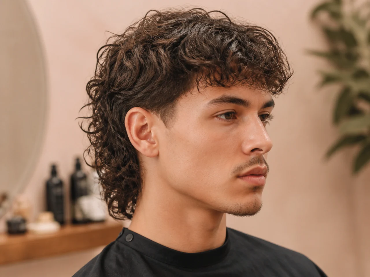 Beginner curly mullet on a man with type 3 curls and softly tapered sides