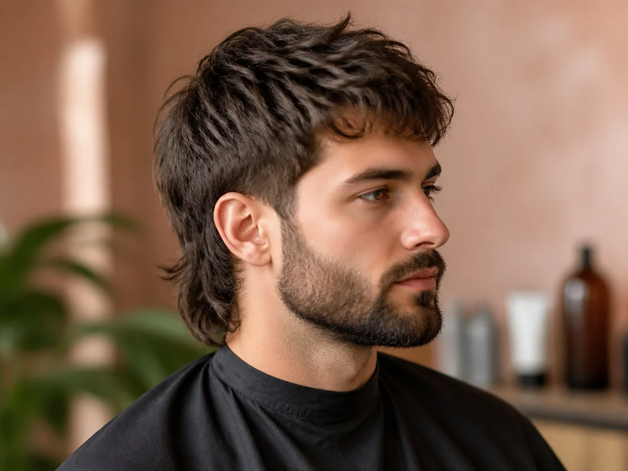 Beginner mullet paired with a full beard on a man in his late twenties