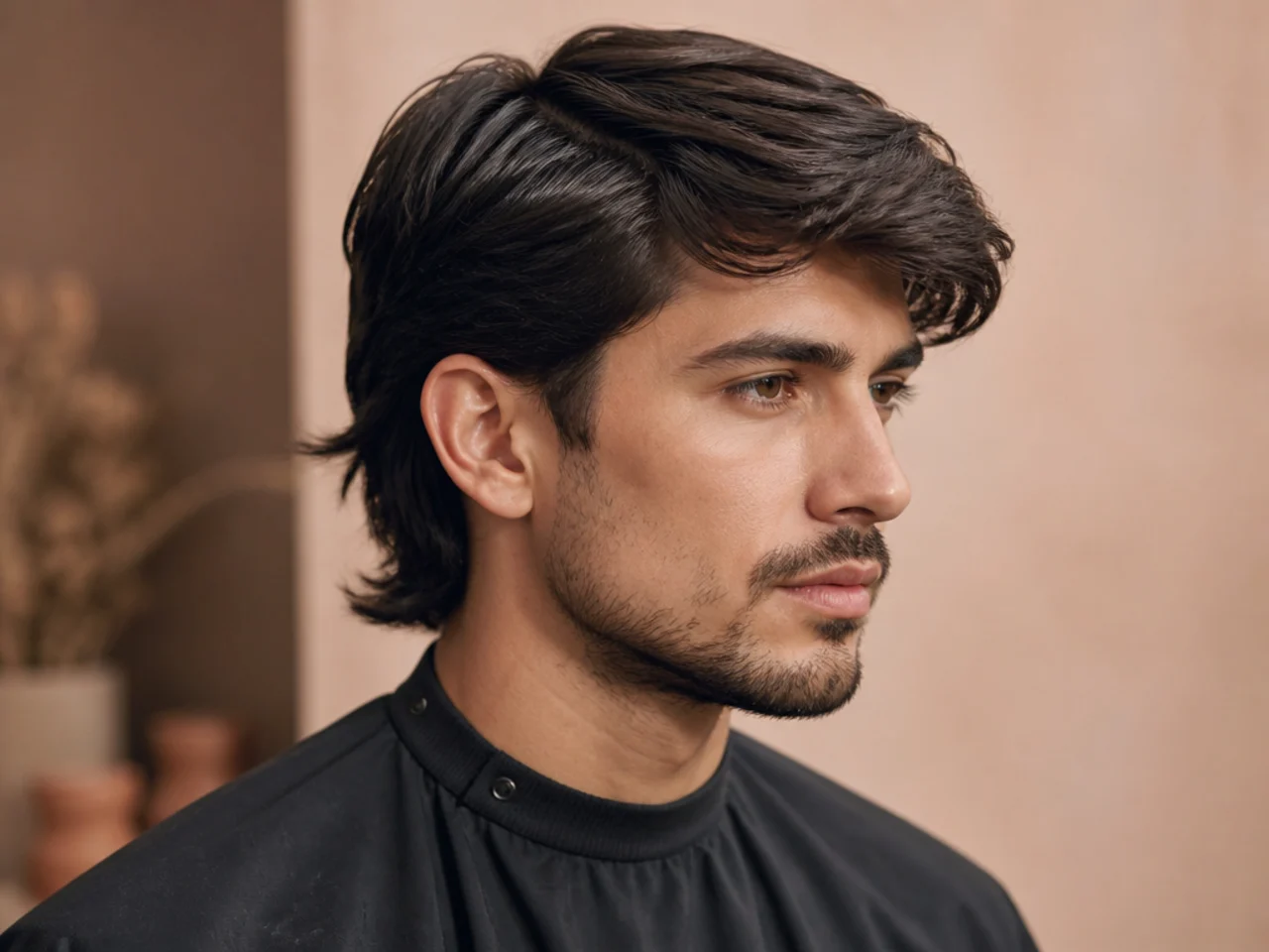 Side-swept subtle mullet with hair combed to one side and short nape drop