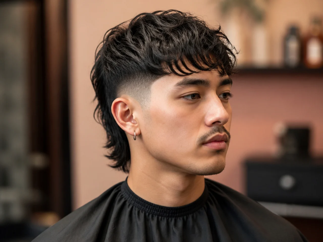 Barber and client discussing subtle mullet reference photos in a modern barbershop