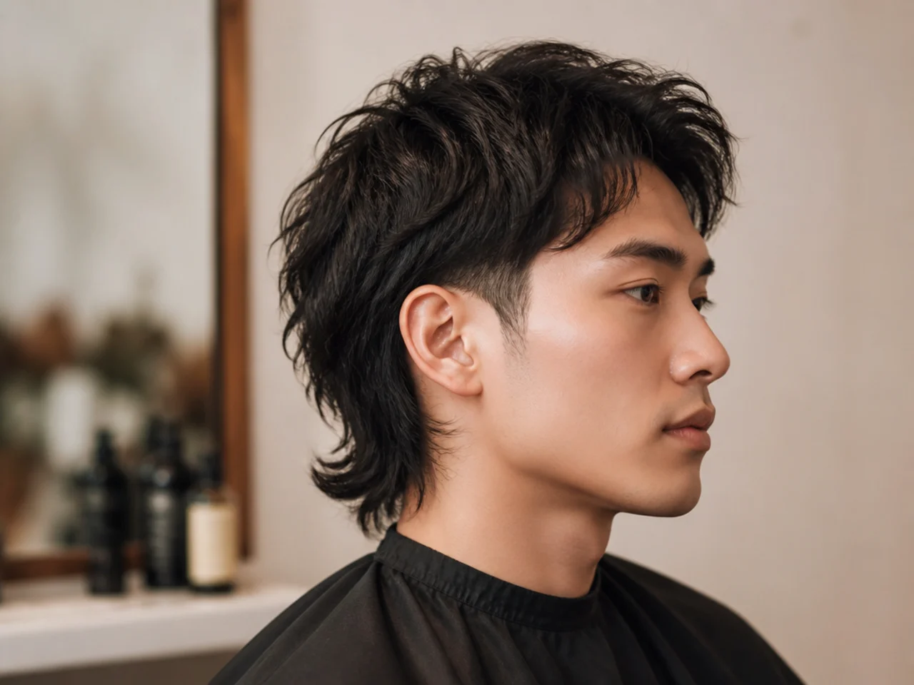 Styling products and tools for a subtle mullet — light styling cream, matte paste, blow dryer, small comb