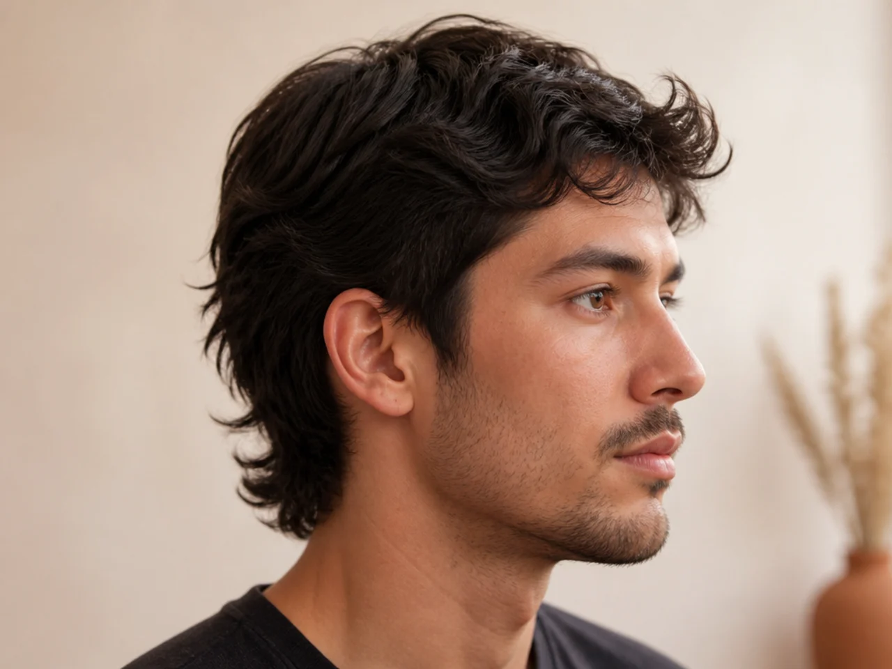 Side-profile diagram of a subtle mullet showing rounded internal layers, soft feathered nape, and scissor-blended sides