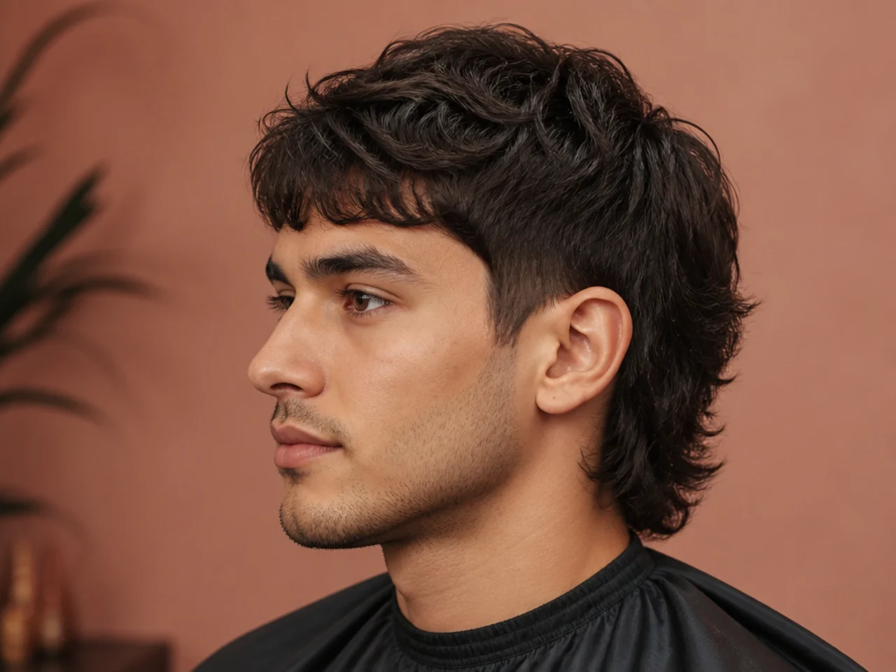 Young man in a barbershop chair reviewing subtle mullet reference photos before his first cut