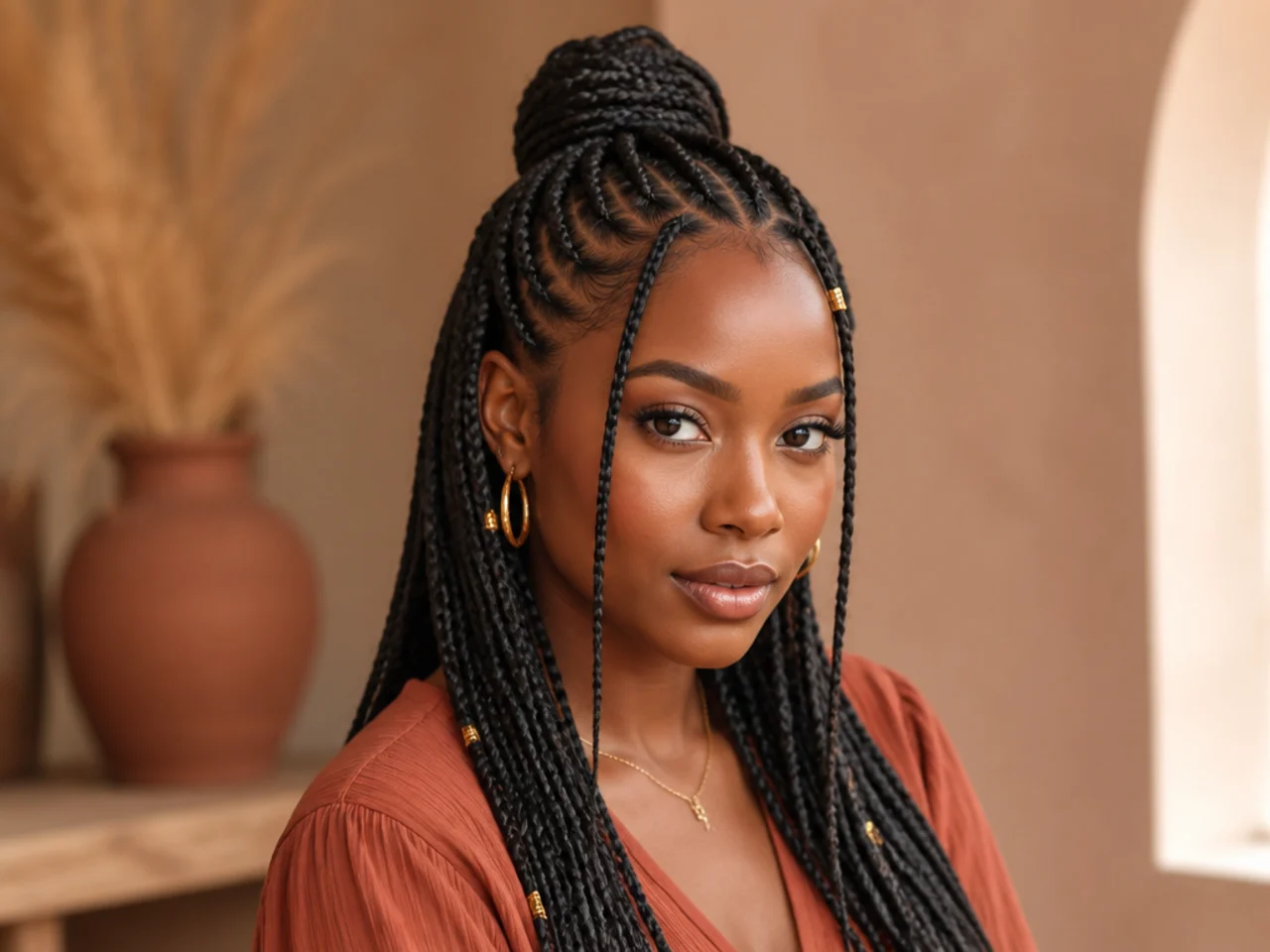 Small Fulani braids worn half up with the front braids left down