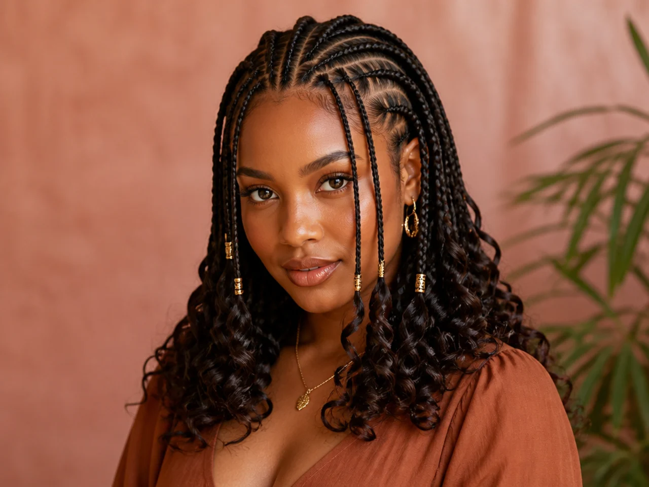 Small Fulani braids finished with soft curled ends