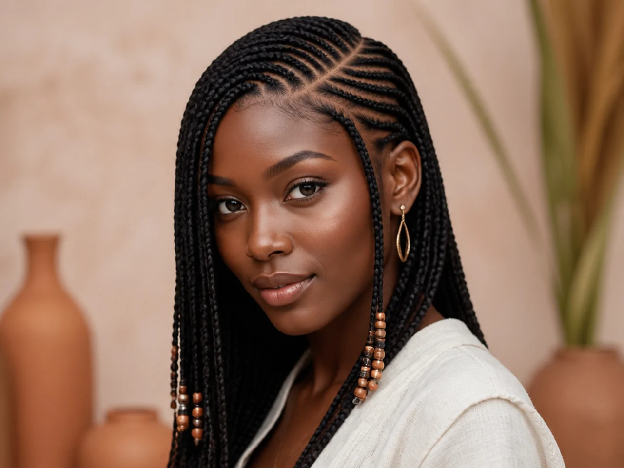 Small Fulani braids with a deep side parting