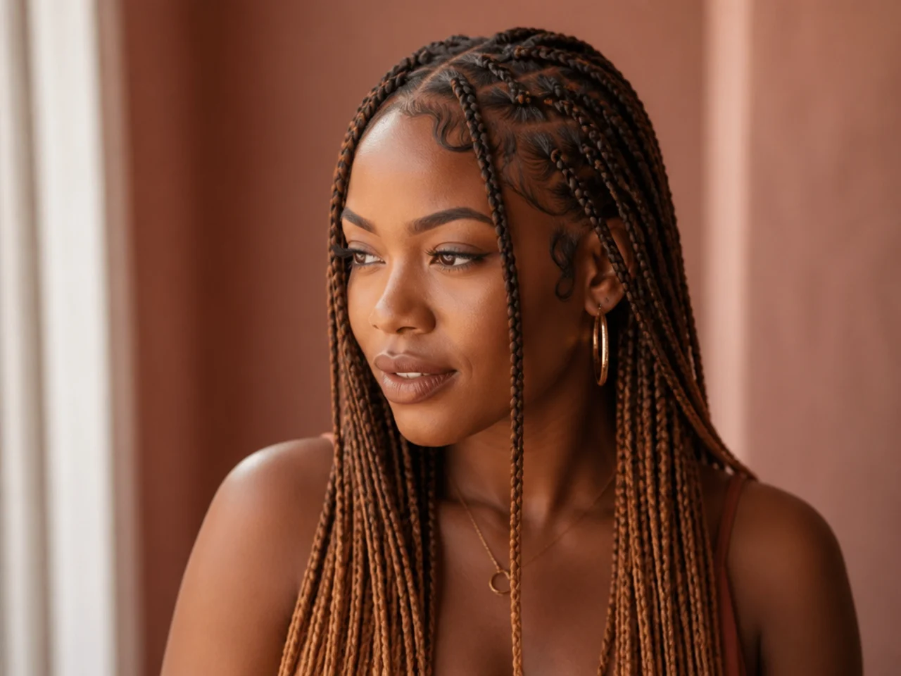 Small Fulani braids with black roots melting into caramel ends