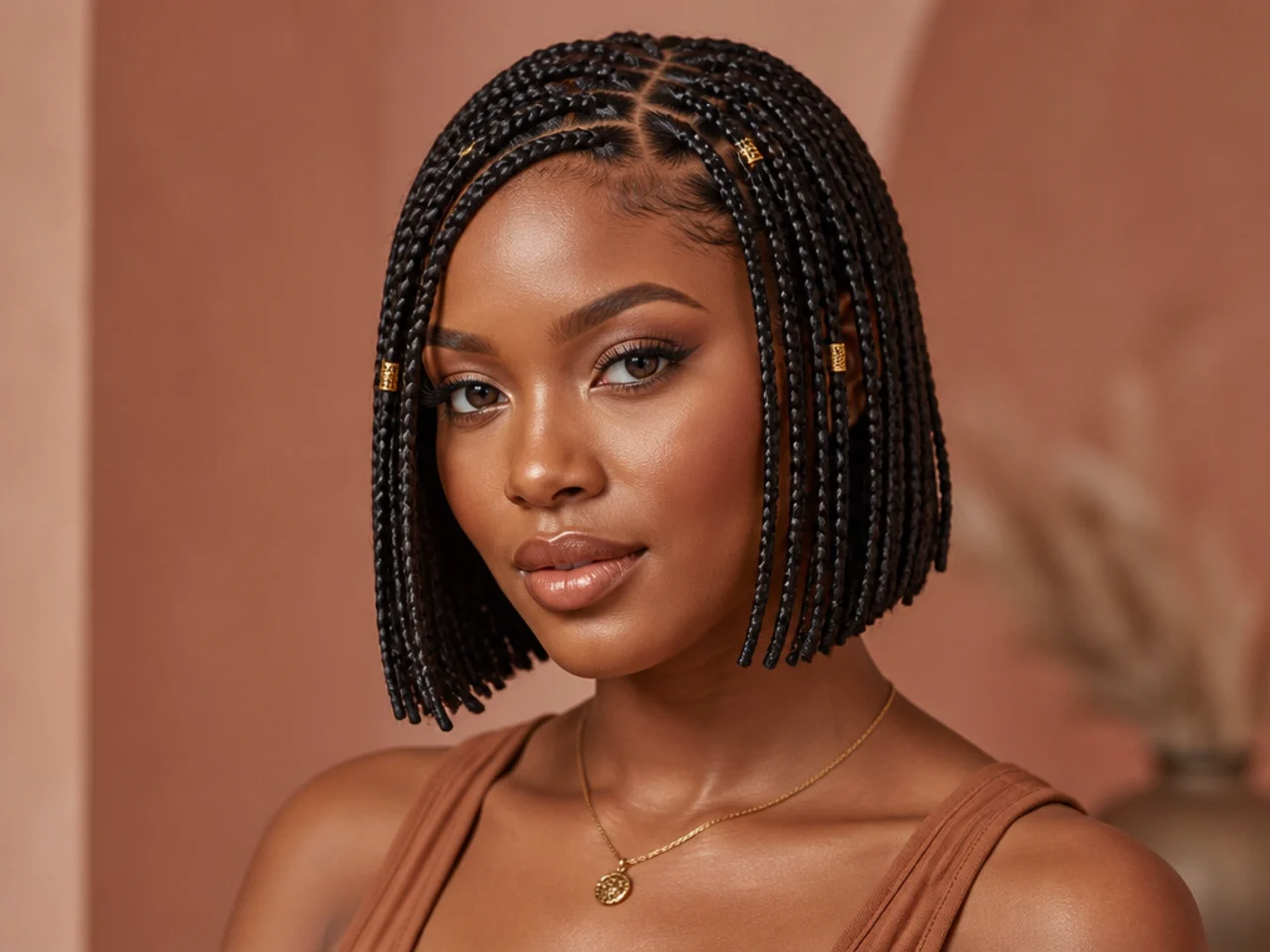 Small Fulani braids cut into a blunt jaw-length bob