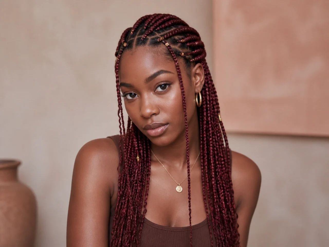 Small Fulani braids in a deep burgundy shade
