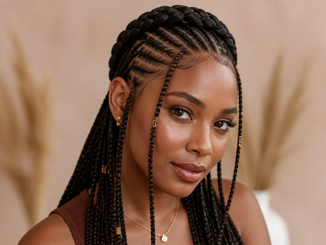 Small Fulani braids with the front cornrows continued into a braided crown