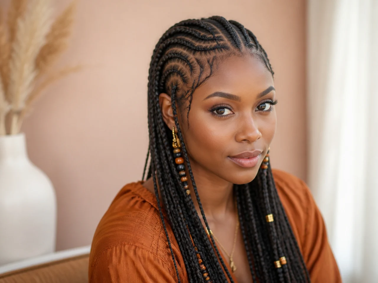 Small Fulani braids with front cornrows braided in a gentle curve