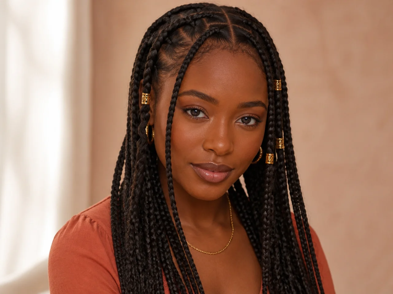 Small Fulani braids with occasional medium-width braids mixed through