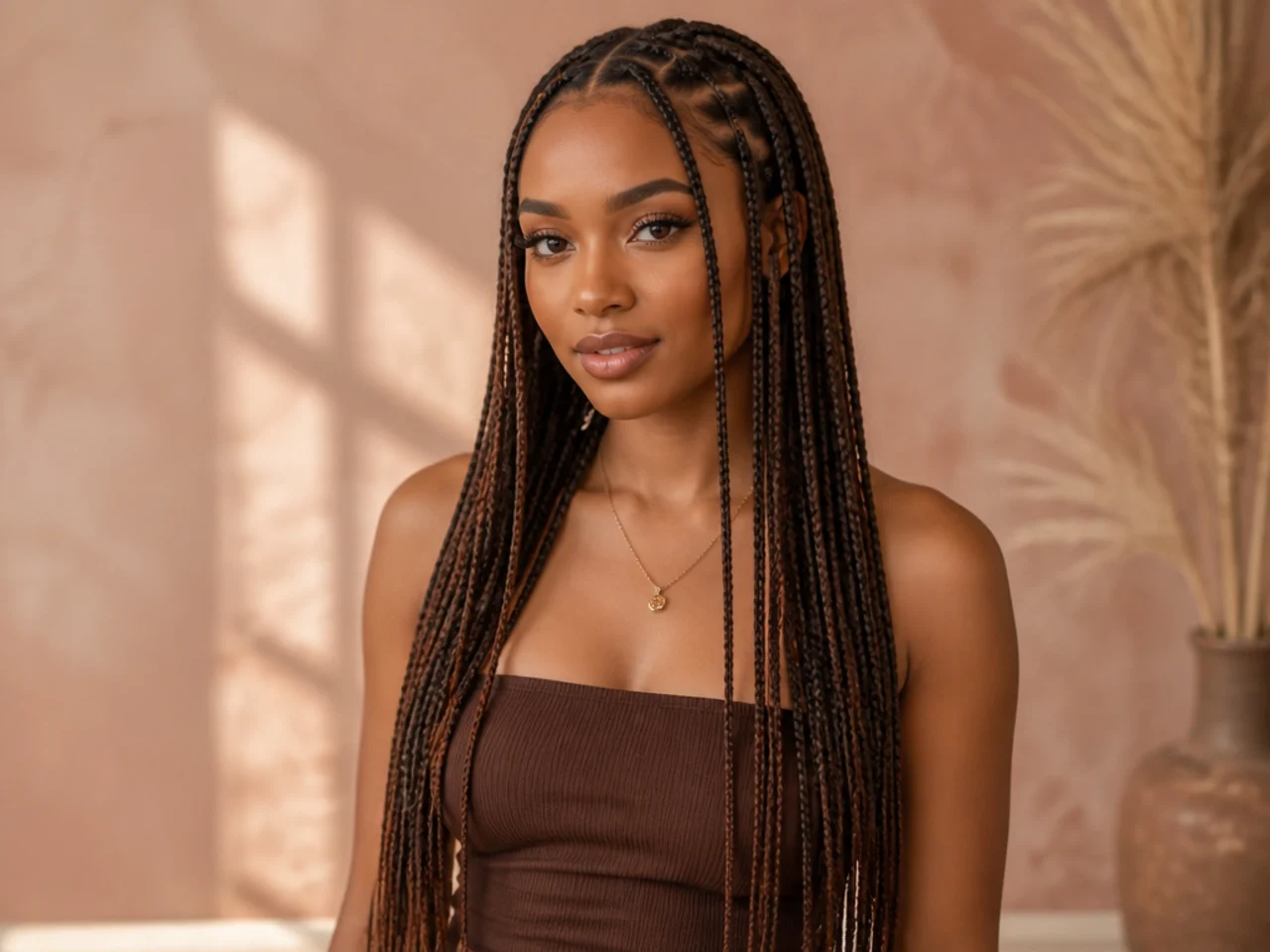 Small Fulani braids falling to the waist with fine cornrows at the front