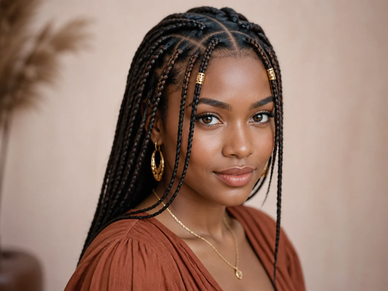Small Fulani braids with slim gold cuffs on the front braids