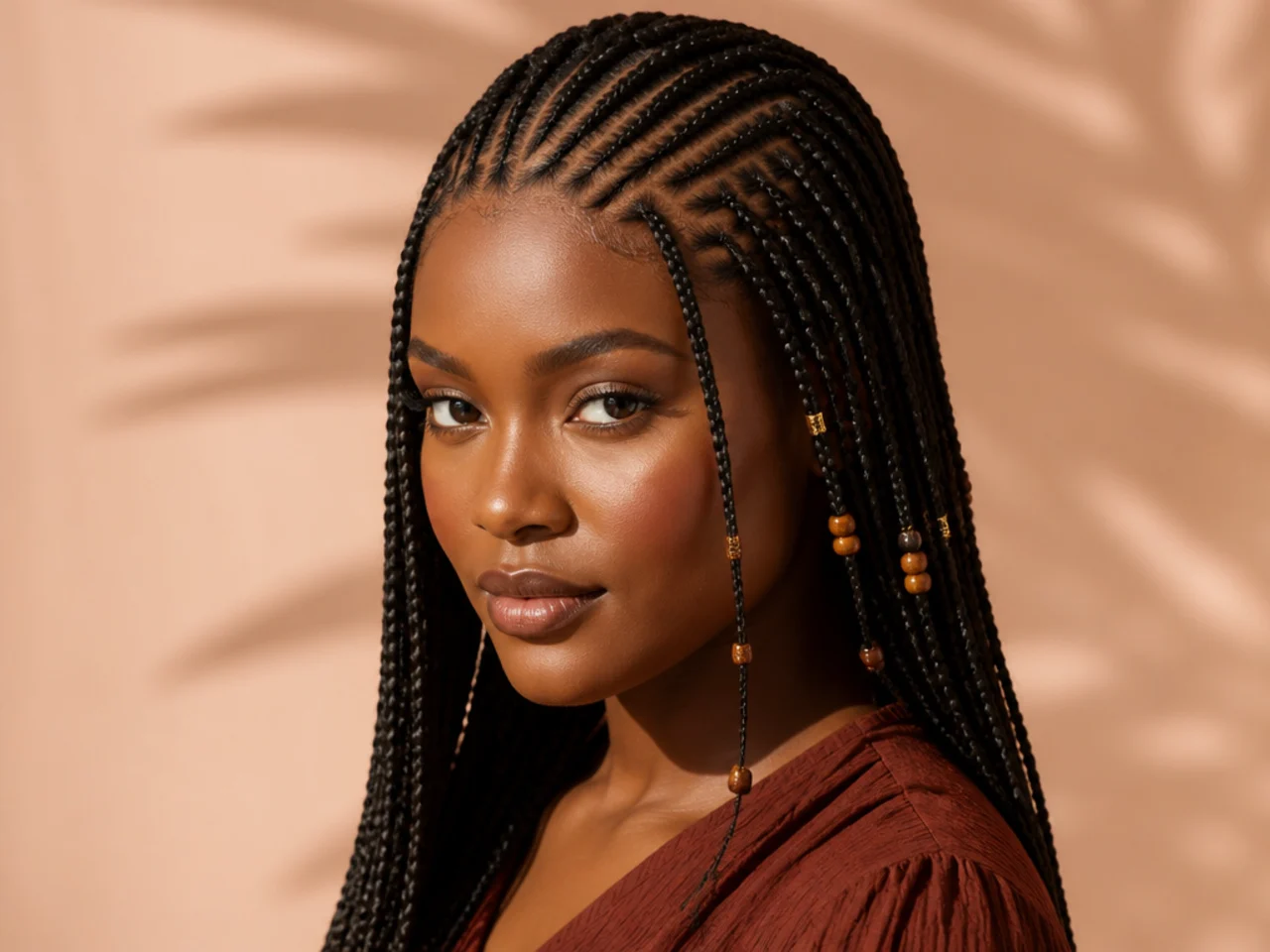 Small Fulani braids with six fine cornrows creating a dense striped front section