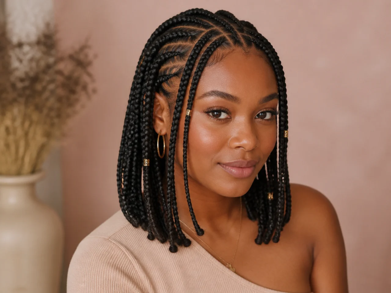 Shoulder-length small Fulani braids with fine cornrows