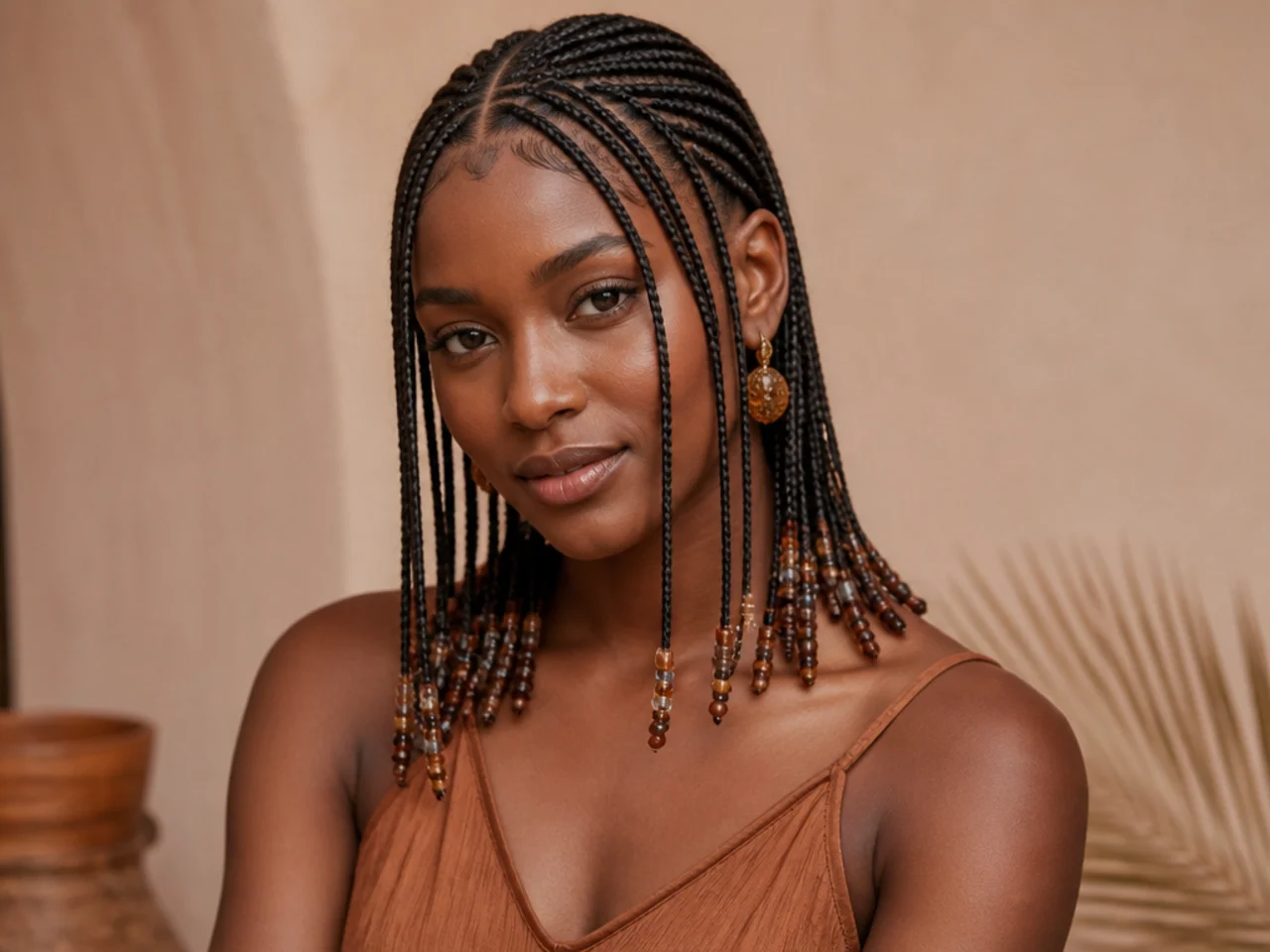 Small Fulani braids finished with small glass beads at the ends