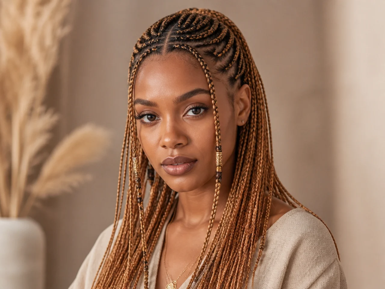 Small Fulani braids in a warm honey blonde tone