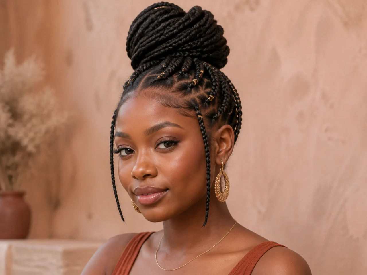 Small Fulani braids gathered into a neat high bun