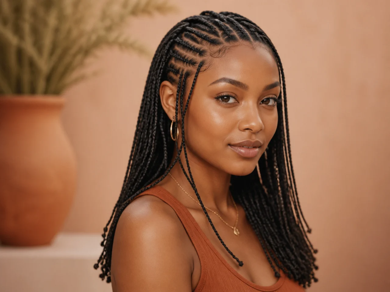Three-quarter view of finished small Fulani braids showing parting, cornrows and ends