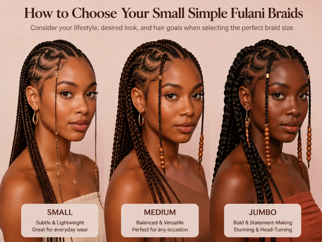 Small, medium and jumbo Fulani braid sizes compared side by side
