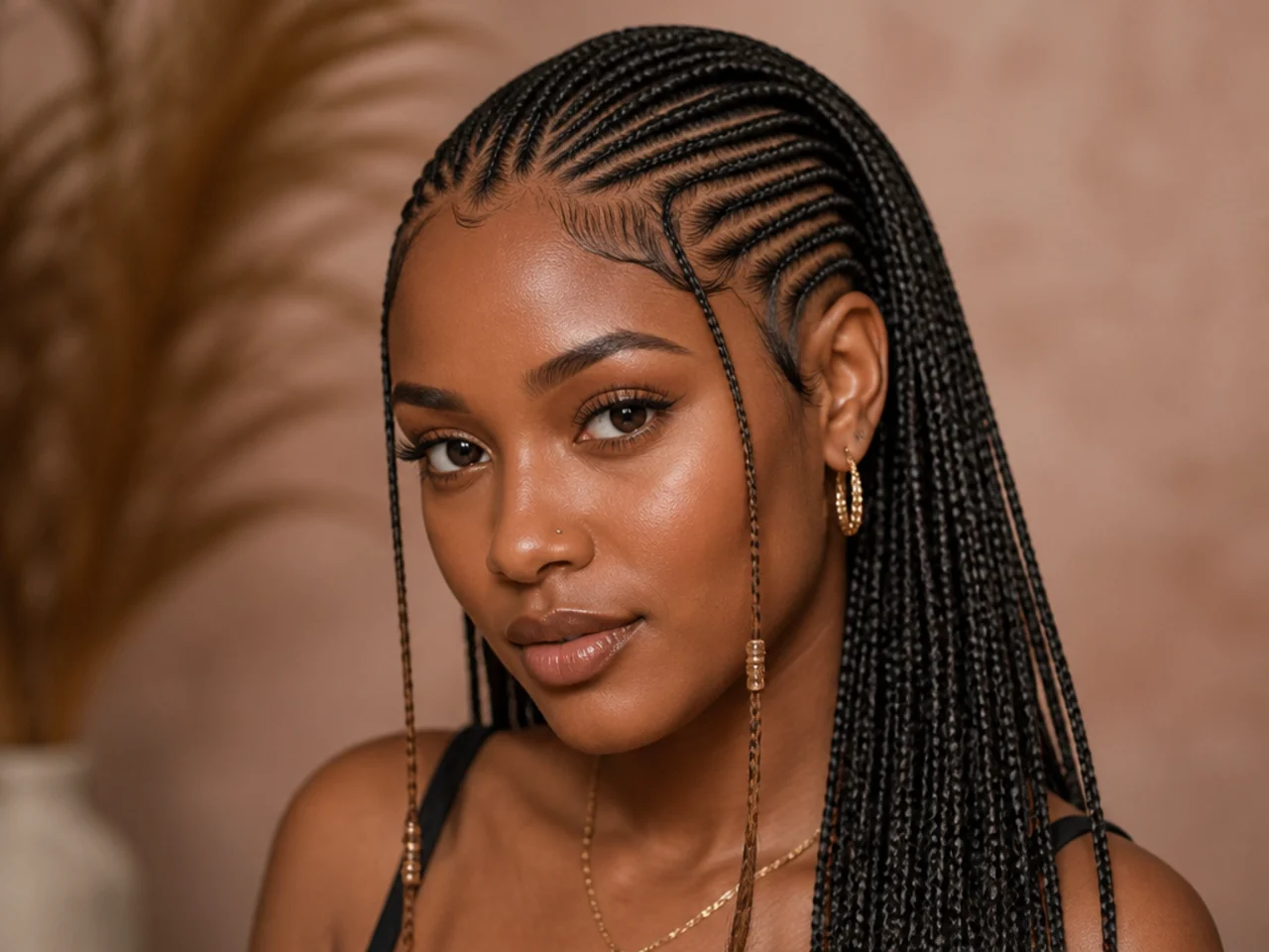 Close-up of fine pencil-width Fulani braids showing the detail in the cornrowed front section