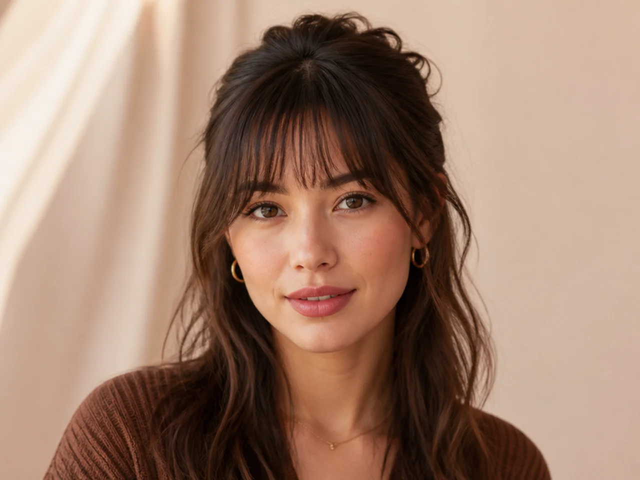 Soft bangs worn with a half-up style