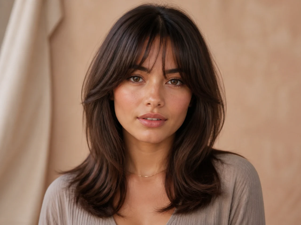 Soft bangs blending into curtain layers