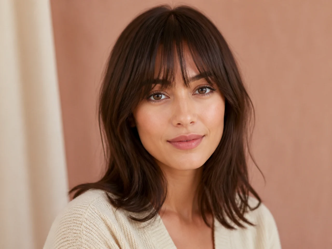 Three-quarter view of a soft French fringe on fine hair